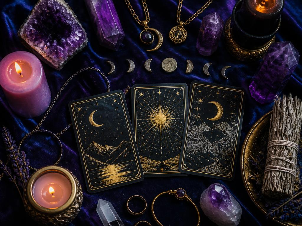 Tarot cards, amethyst crystals, and candles arranged for spiritual ritual