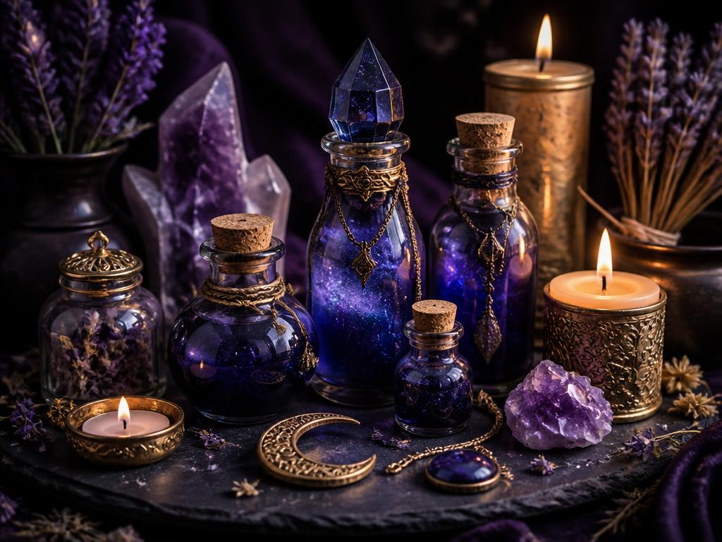Mystical products including potion bottles, crystals, and ritual candles